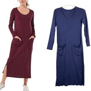 Pact Organic Slub Cotton Long Sleeve Pocket Maxi Dress Navy Blue Sz M Minimalist